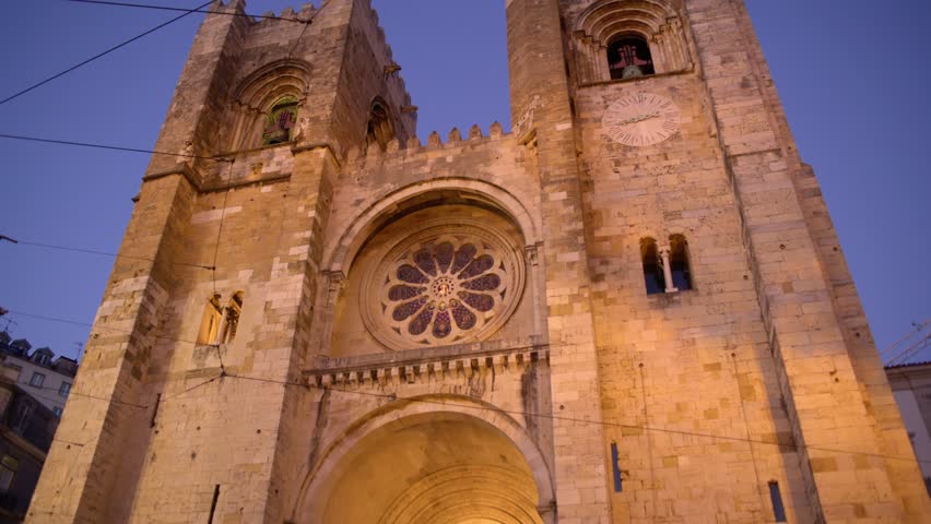 Gothic Towers of Lisbon Cathedral Se de Lisboa at Dusk Shot with Cinema Camera