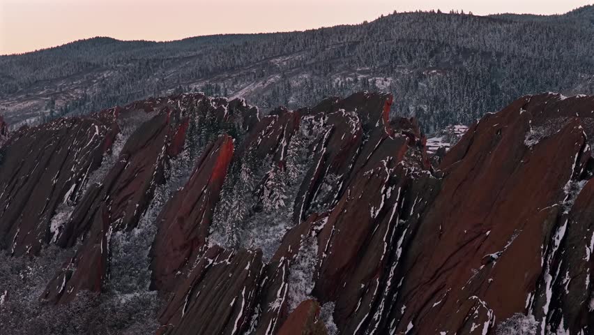 Roxborough State Park aerial drone Fountain Valley Trail snow-covered Red Rocks jagged sandstone landmark Sterling Ranch Colorado sunset Littleton Denver Front Range Arrowhead Golf Course forward up