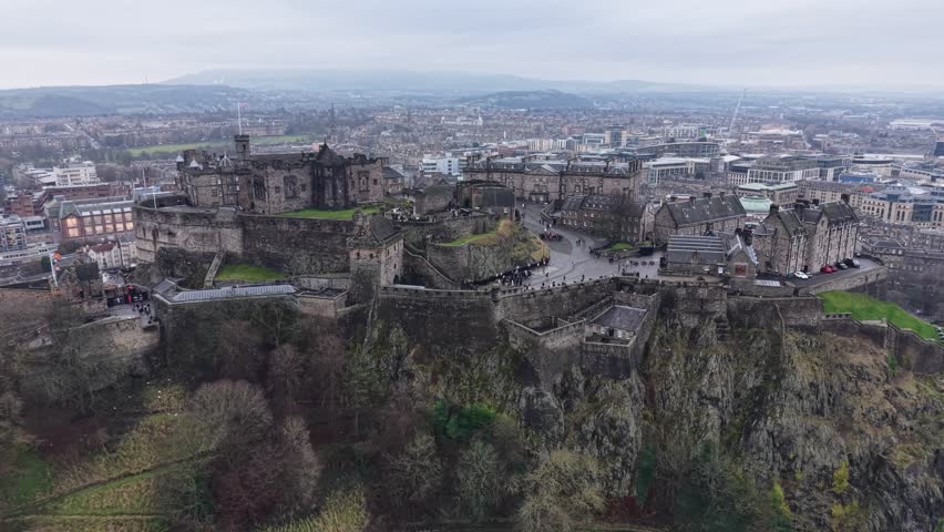 Drone shot of Edinburgh Castle in Edinburgh, Scotland, United Kingdom