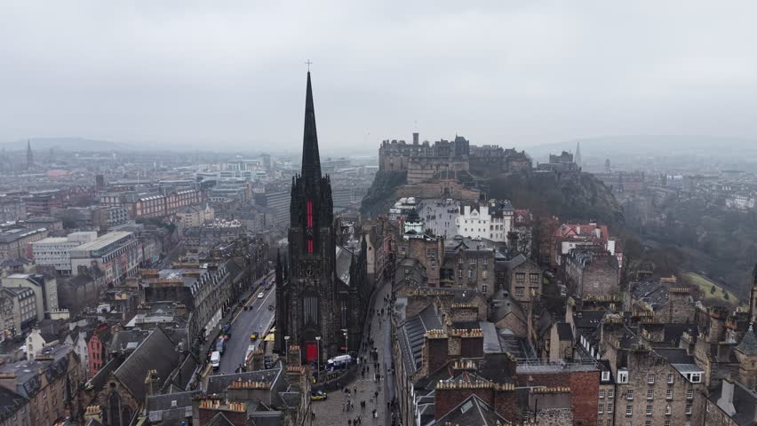 Aerial View Drone shot of Royal Mile, Edinburgh Castle, Old Town, Scott Monument, Edinburgh,  Scotland, United Kingdom