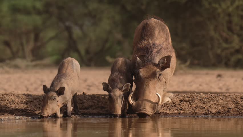 Cute Baby Safari Animals of Warthog Family with Mother, Safari Animals on African Wildlife Nature Safari in the wild in natural habitat in Kenya, Africa.