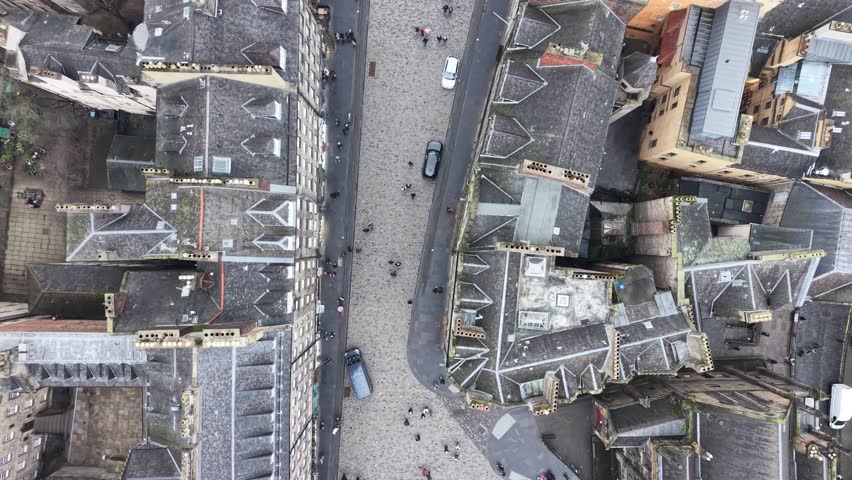 Aerial View Drone shot of Royal Mile, Edinburgh Castle, Old Town, Scott Monument, Edinburgh,  Scotland, United Kingdom