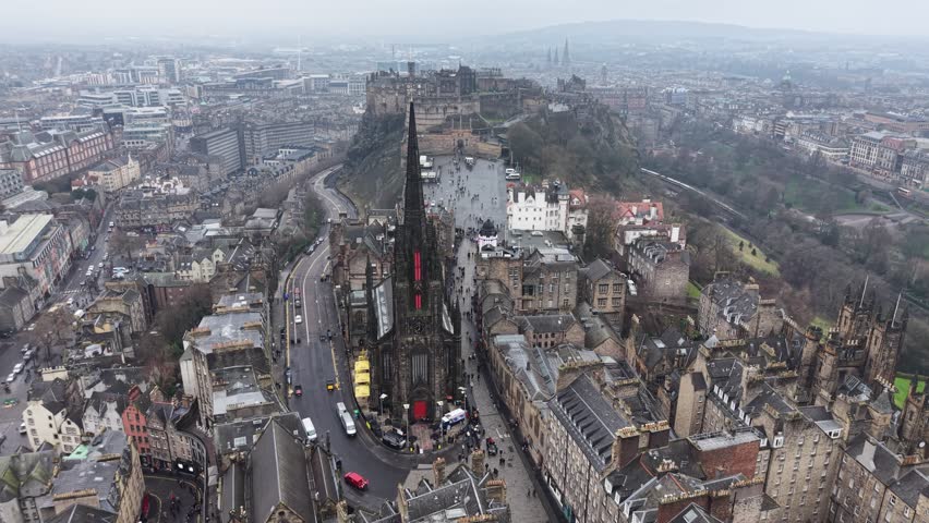 Aerial View Drone shot of Royal Mile, Edinburgh Castle, Old Town, Scott Monument, Edinburgh,  Scotland, United Kingdom