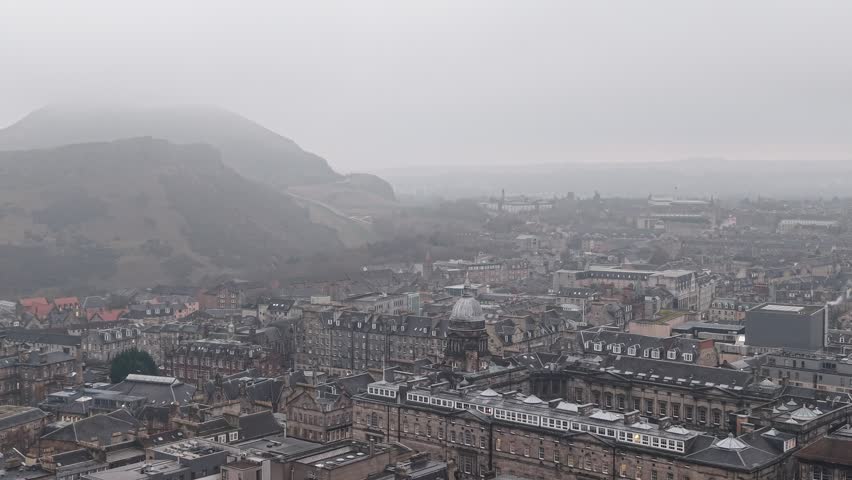 Aerial View Drone shot of Royal Mile, Edinburgh Castle, Old Town, Scott Monument, Edinburgh,  Scotland, United Kingdom