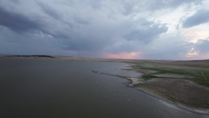 4K cinematic aerial footage capturing a wide lake landscape with flocks of birds moving across the water surface under a dramatic cloudy sky. The scene reveals a natural shoreline with subtle curves, shallow water textures, and scattered vegetation. As the camera glides smoothly, groups of birds gather and disperse along the lake edge, adding dynamic motion to the calm environment. The soft sunset light breaking through clouds enhances depth and atmosphere, making the composition ideal for themes such as nature, wildlife, serenity, and environmental storytelling.