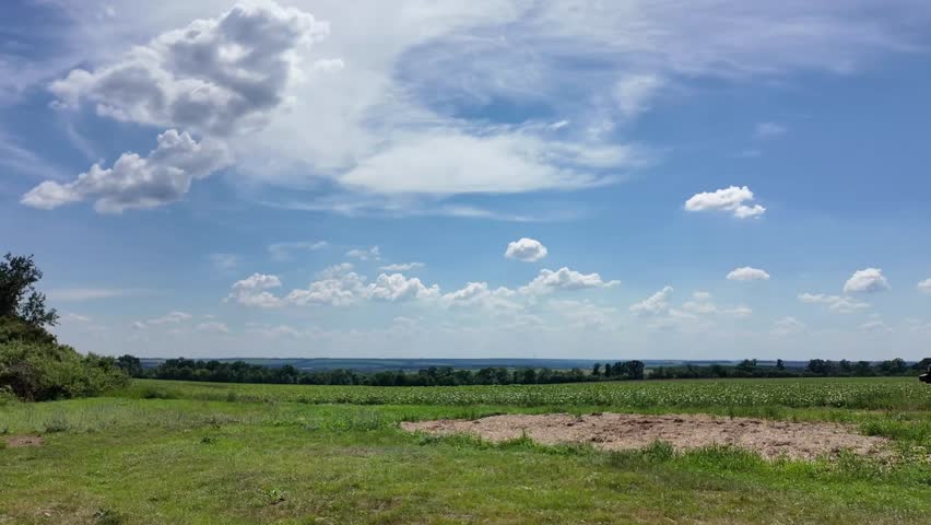 A tractor plows a corn field. Landscape with clouds. Farm field
