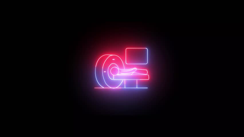 blue and red neon glowing silhouette vector illustration of a medical CT scan machine.