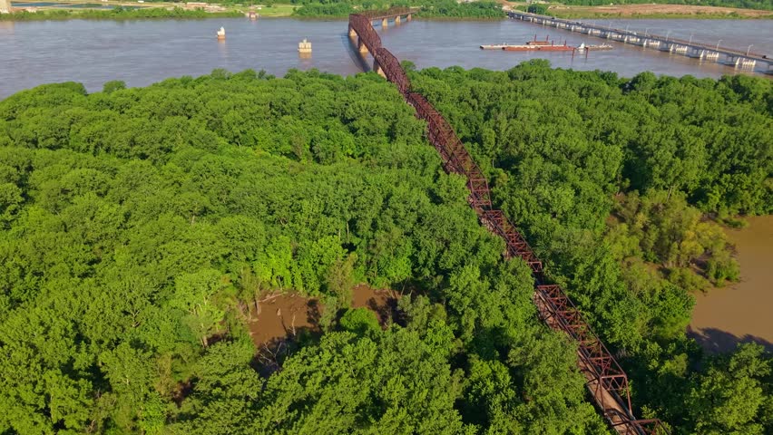 Aerial view of the historic Old Chain of Rocks Bridge spanning the Mississippi River between Illinois and Missouri