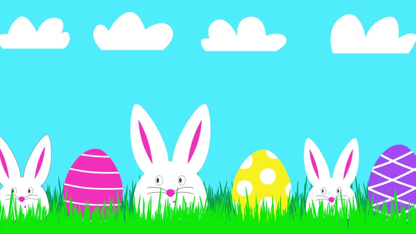 Happy Easter animated banner featuring three playful white rabbits among colorful Easter eggs on fresh green grass. Bright festive spring celebration with cute bunnies, cheerful holiday atmosphere, vibrant seasonal colors, and smooth motion graphics in high-quality video.