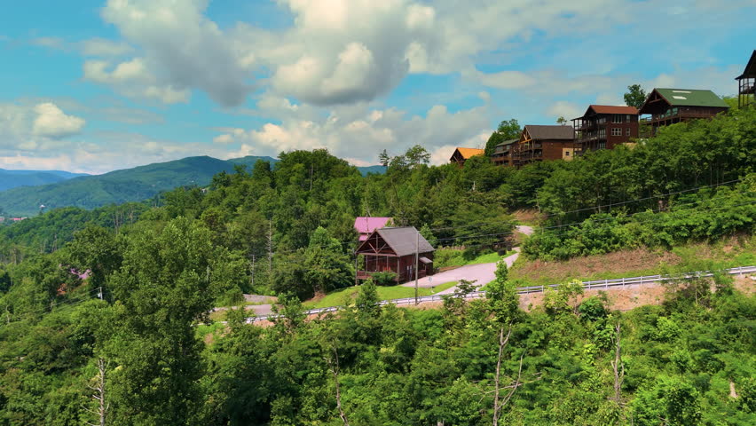 Mountain neighborhood around Gatlinburg, Tennessee with luxury cabins, winding roads and panoramic Smoky Mountain scenery