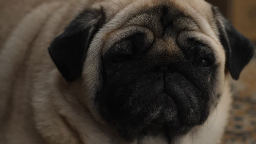Close-up of a sleepy pug face slowly closing its eyes and falling asleep. Charming domestic dog with a sad look and signature wrinkles drifts off into a daytime nap