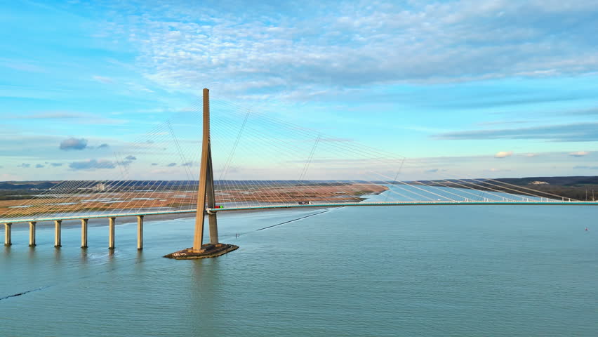 Pont de Normandie extending across the estuary near Le Havre and Honfleur, large-scale bridge infrastructure in France