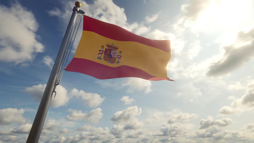 Spain Flag on a Pole by Day, 3D Render 4K stock video