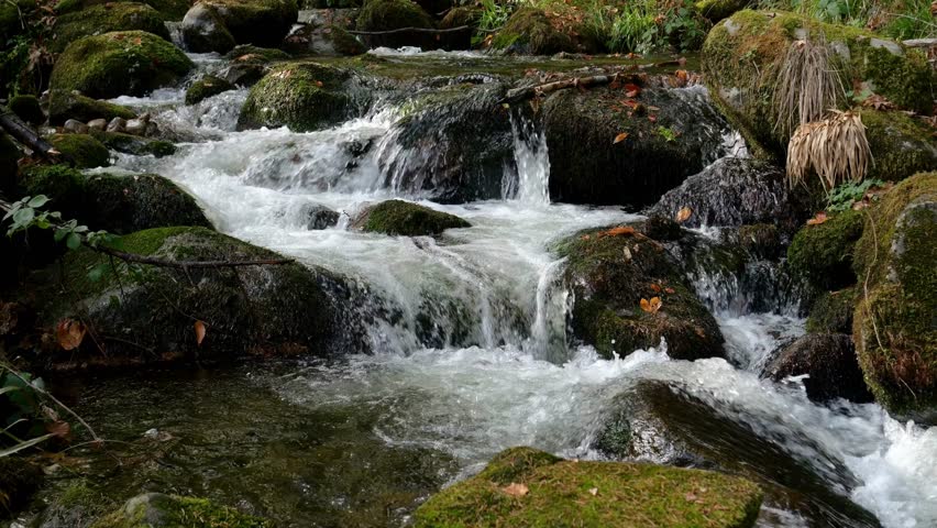A small waterfall cascades over rocks