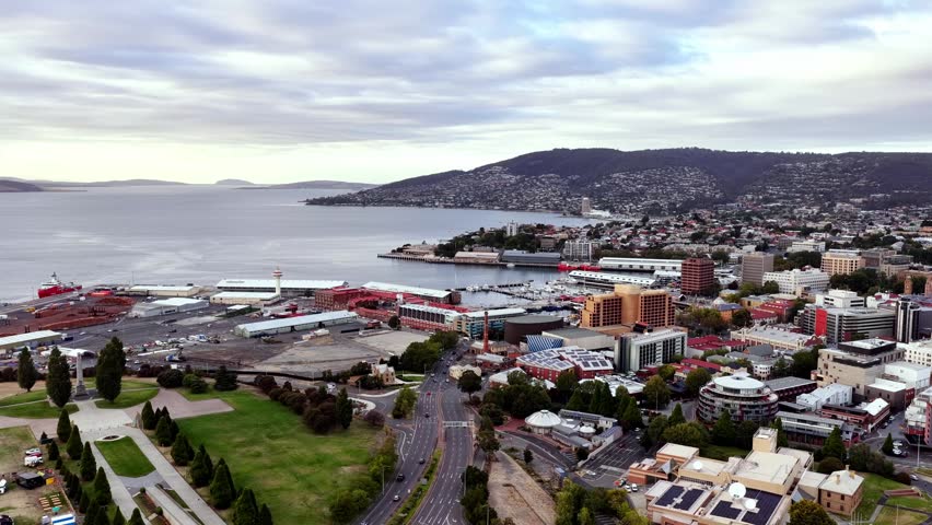 Urban aerial cityscape view of Hobart downtown waterfront on Derwent river in Tasmania.