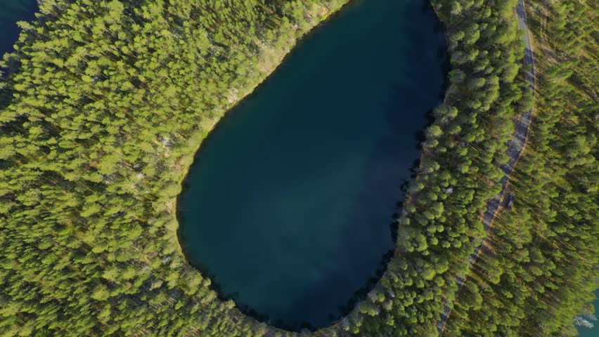 Aerial view, lake with dark blue water, green trees, drone footage.