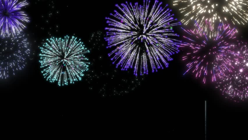 This video shows a mesmerizing display of colorful fireworks exploding in the night sky with vibrant purple, blue