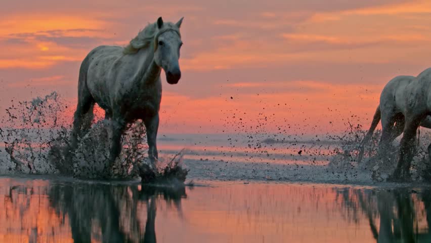 A powerful white horse galloping dynamically through shallow coastal water against a vibrant sunset sky
