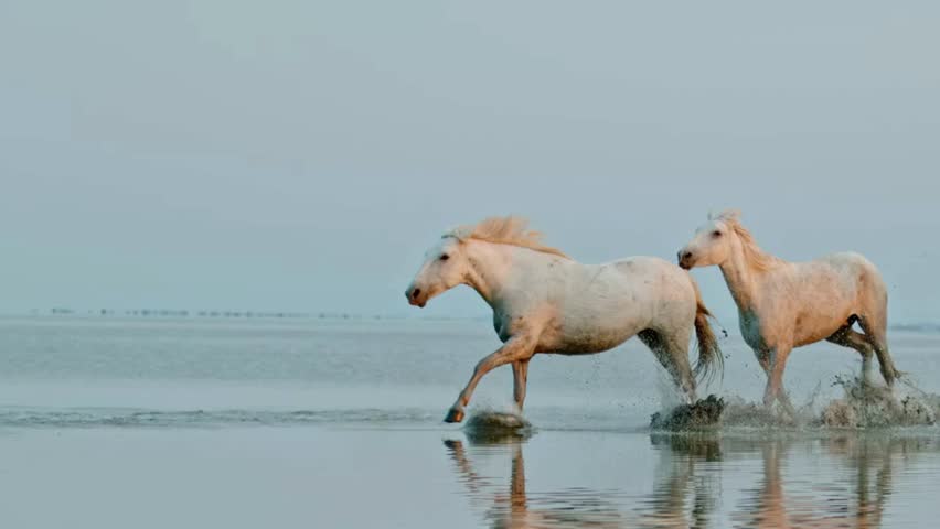 Two beautiful white Camargue horses galloping energetically through shallow coastal water, kicking up dramatic splashes