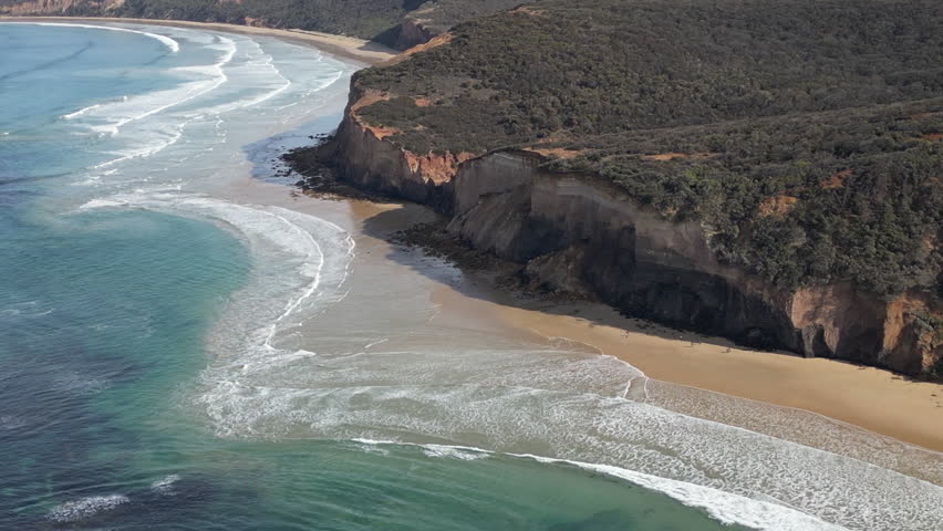 Aerial view of Bells Beach Lookout Australia with stunning Southern Ocean coastline sandy beaches and scenic tourism destination in Victoria