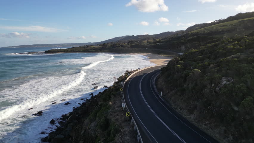Aerial view Great Ocean Road Australia. Beautiful landscape of nature and road along the southern ocean, travel and tourism.