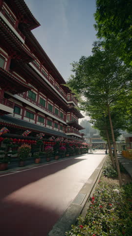 Buddha Tooth Relic Temple surrounded by Chinatown streets in Singapore City scenic historic architecture and travel tourism atmosphere in Asia