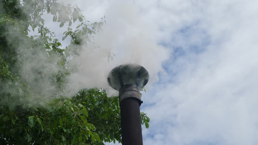 Thick white smoke pours out of a metal chimney pipe next to a green tree. Close-up of heating a sauna stove against a cloudy summer sky