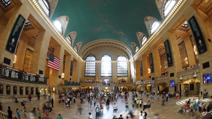 A time lapse fish eye shot of the busy Grand Central Station in New York City.