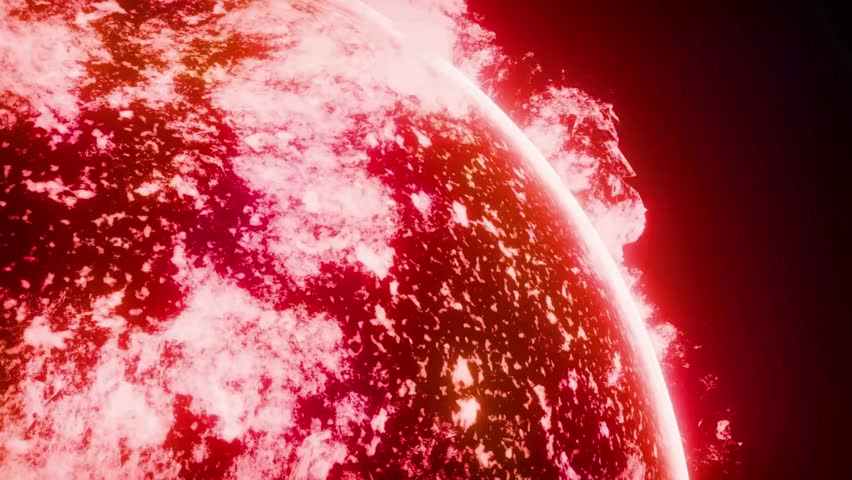 A detailed 3D rendering of a burning red star emitting massive solar flares into deep space