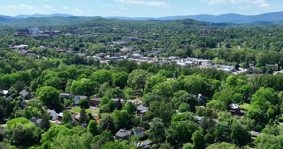 Aerial drone view of Charlottesville, Virginia and Blue Ridge Mountains