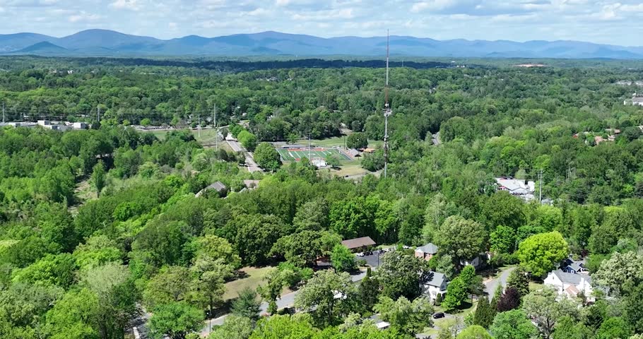 Drone view of Virginia town and Blue Ridge Mountains