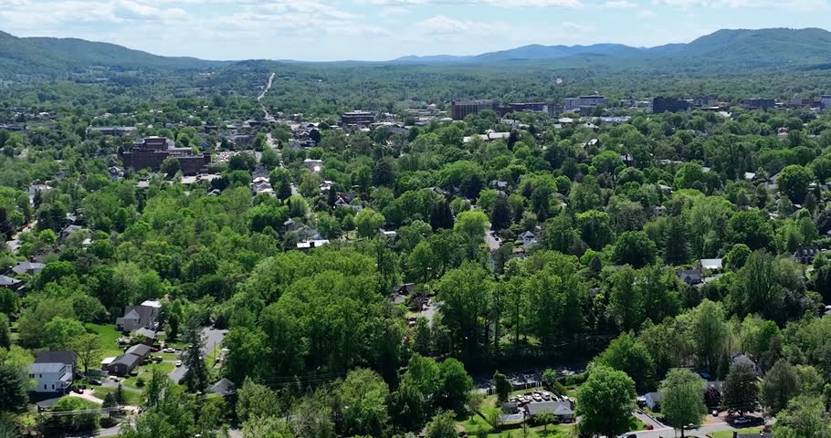 Drone view of downtown Charlottesville, Virginia on a cloudy day