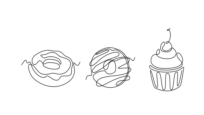 Animated self drawing of continuous line draw of Continuous Line Art Desserts Cake Slices and Cupcake. Logo in Line Art. Full length one line animation. 4K	