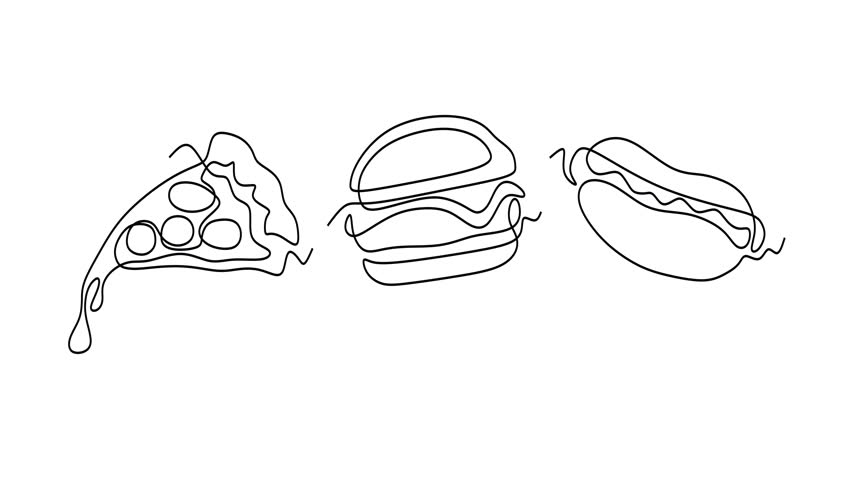 Animated self drawing of continuous line draw of Food Line Art Pizza, Burger, and Hot Dog. Logo in Line Art. Full length one line animation. 4K