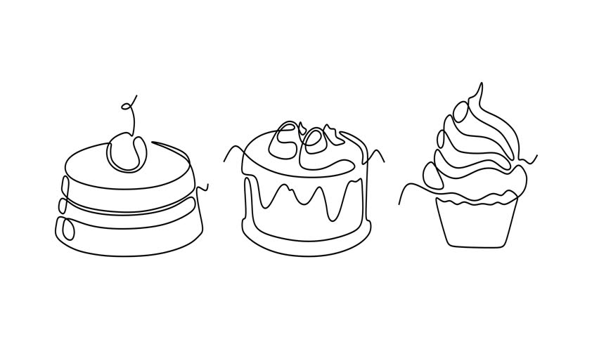 Animated self drawing of continuous line draw of Continuous Line Art Desserts Cake Slices and Cupcake. Logo in Line Art. Full length one line animation. 4K	