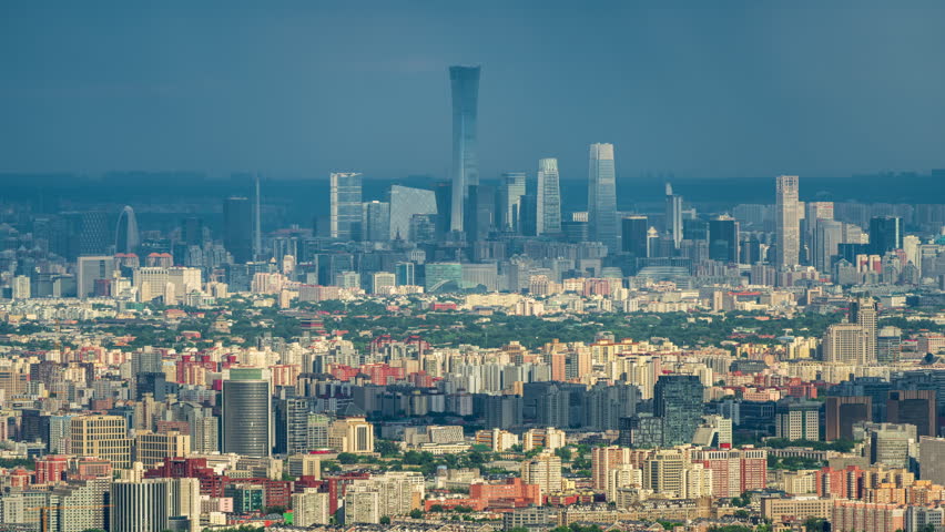 Beijing, China - 9th June 2026 - High Angle Telephoto Telephoto Long View of Beijing Downtown Featuring Sunlit Skyscraper Cluster and Historic Landmarks