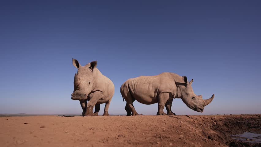 Two White Rhinos Close Up, African Wildlife in Conservation Area, Safari Animals in Kenya in Africa, Endangered Animal.