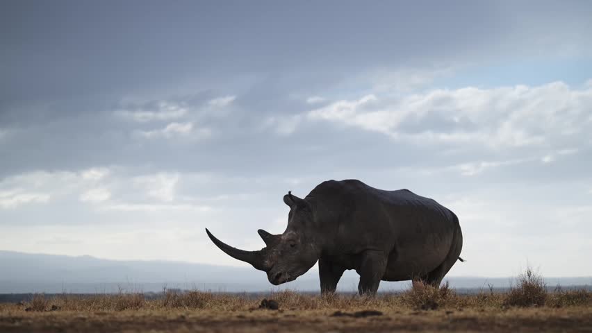 Cinematic Slow Motion White Rhino Close Up Under Dramatic Sky in Wildlife Conservation Area, African Animals on Safari in Kenya in Africa, Endangered Animal.