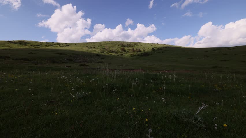 Timelapse of clouds drifting across a blue sky above a green grassland landscape. Moving cloud shadows sweep over rolling hills while grass gently sways in the wind.