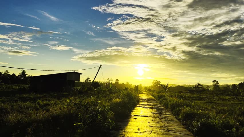 A beautiful sunset view in a rural area with a paved road stretching toward the horizon.  A beautiful twilight scene as the sun sets in the countryside. 