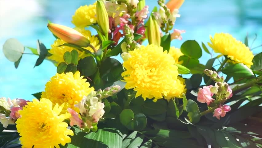 Beautiful bright flowers art design, professional floristic bouquet close up. Colorful Chrysanthemums and other flowers, collected in a beautiful floral arrangement, hotel, wedding table decoration 