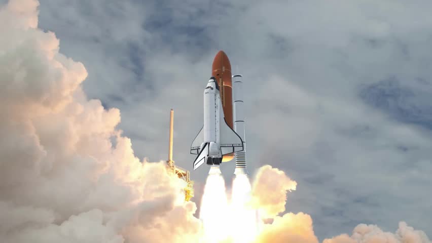 Space Shuttle Atlantis launches into a cloudy sky with intense fiery exhaust and smoke