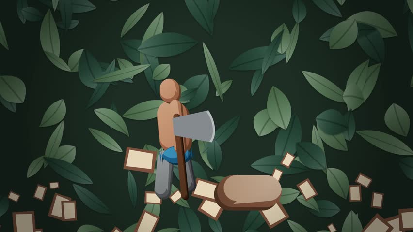2D animation of a stylized woodcutter chopping wood with an axe surrounded by falling green leaves and wood chips