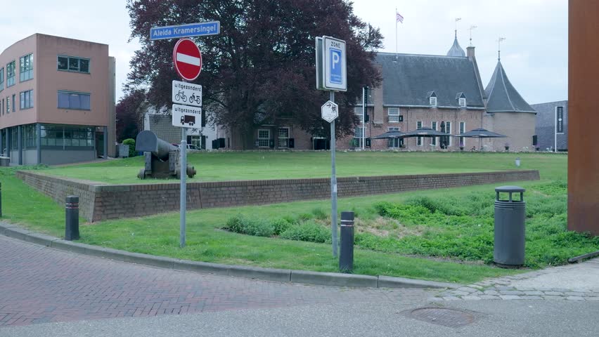 Camera panning over the historic city park in coevorden, netherlands