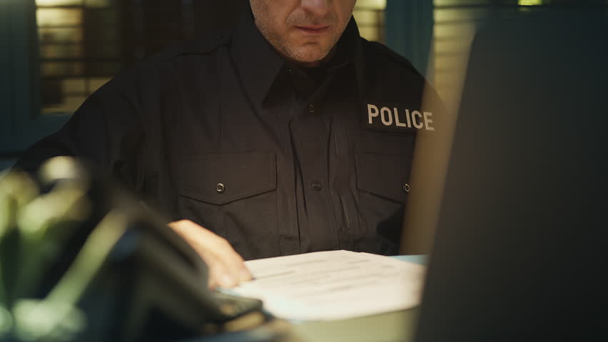 Policeman reviewing criminal case documents while answering a phone call