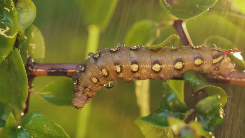 Macro footage of caterpillar on branch, rain drops, nature detail.