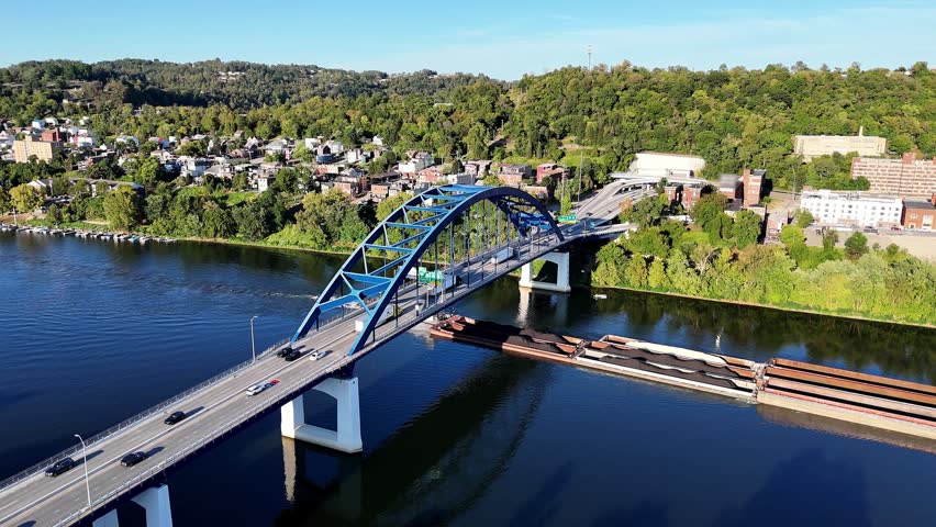 Aerial view of scenic tranquil Ohio River View With Blue Fort Henry Bridge Over Calm Water In A Hilly Wheeling Town West Virginia Landscape