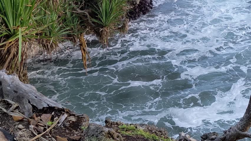 High angle view of powerful ocean waves crashing against a rocky cliff, creating white sea foam at Batu Karas Beach, Pangandaran, West Java, Indonesia.