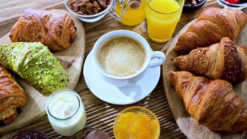 Italian breakfast served with croissants, orange juice, coffee and sweet extrass.
