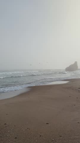 Sand beach in fog with waves rolling on shore and overcast sky in slow-motion